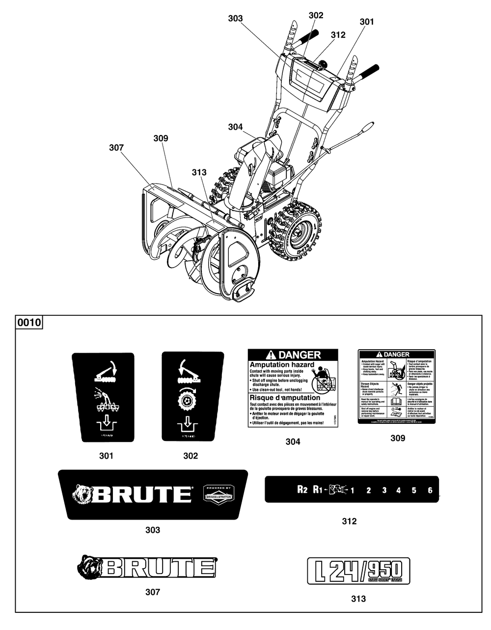 Decals Group Diagram and Parts List for 1696611-01-L24/950 2017 Briggs and Stratton Snow Blower